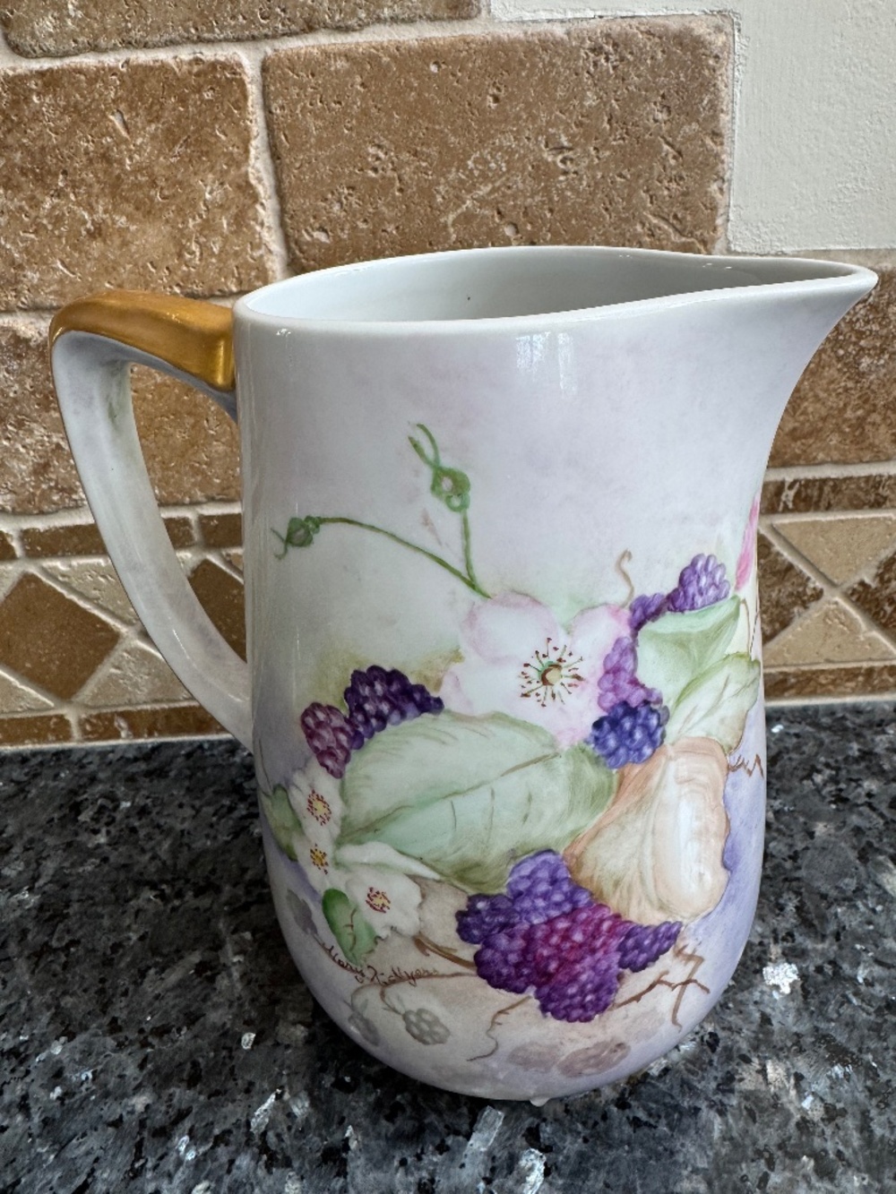 Hand-Painted P.T. Tirschenreuth Bavaria Purple Berries Pitcher With Gold Handle
